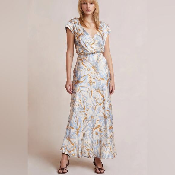 Bec Bridge Stella Maxi Dress Satin V Neck Open Back Beige Blue Floral Print 6 US - Picture 1 of 16